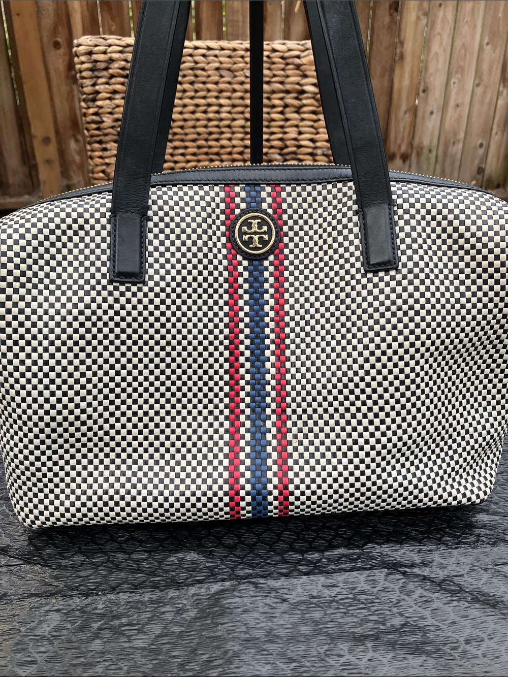 Tory Burch Jane Black & White Woven Leather Shoulder Bag